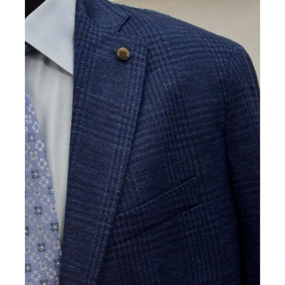 NWT Peter Millar Sport Coat Blazer Wool Silk Linen NAV Blue Plaid 46L Long $1295